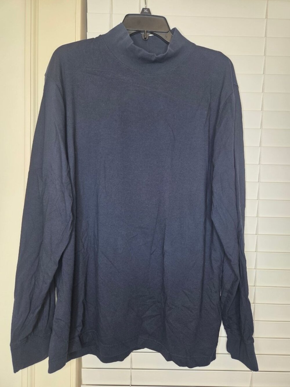 L.L. Bean Mens L Mock Turtleneck Shirt Navy Blue LS Cotton Traditional Fit
